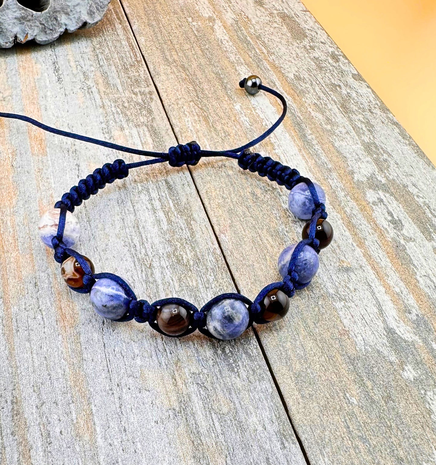 Lapis Lazuli (10mm) and Brown Agate (8mm) Bracelet Adjustable