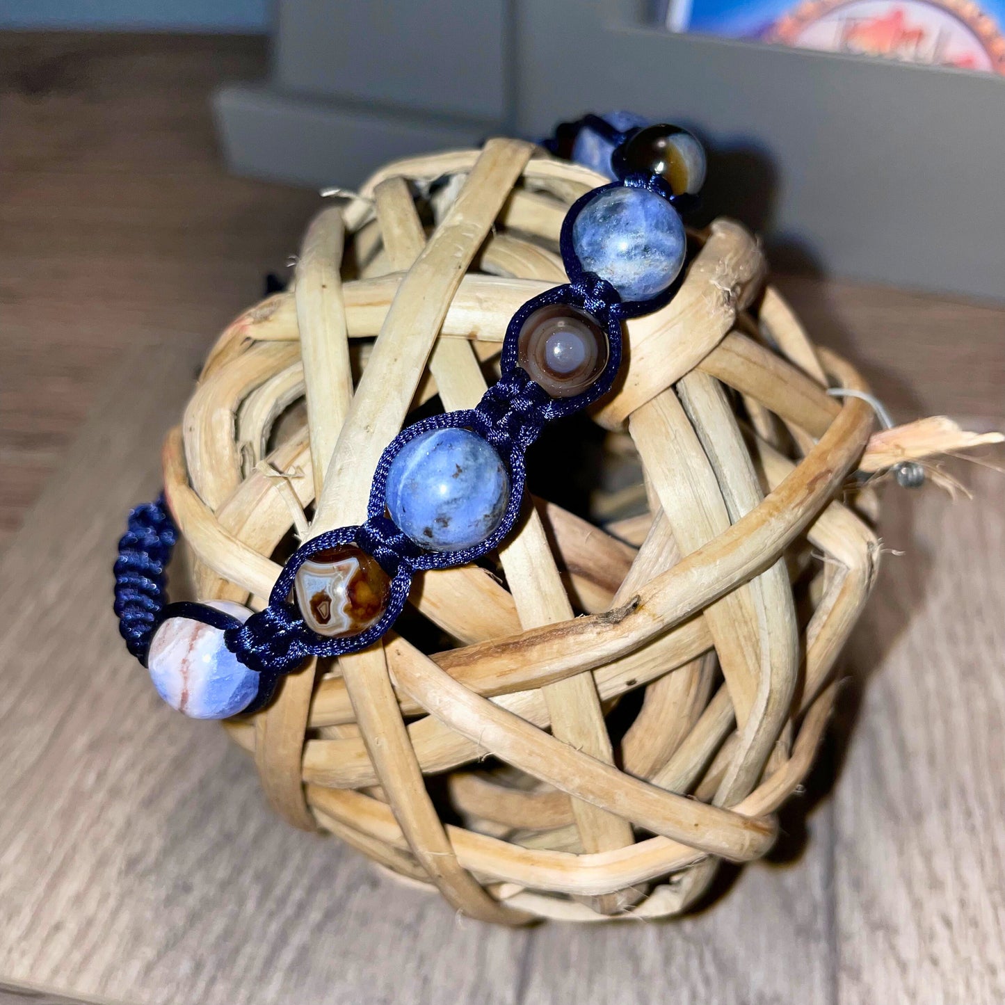 Lapis Lazuli (10mm) and Brown Agate (8mm) Bracelet Adjustable