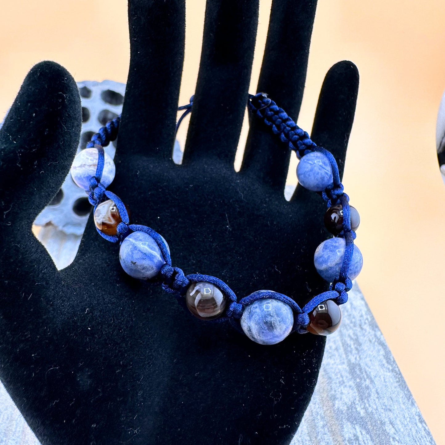 Lapis Lazuli (10mm) and Brown Agate (8mm) Bracelet Adjustable