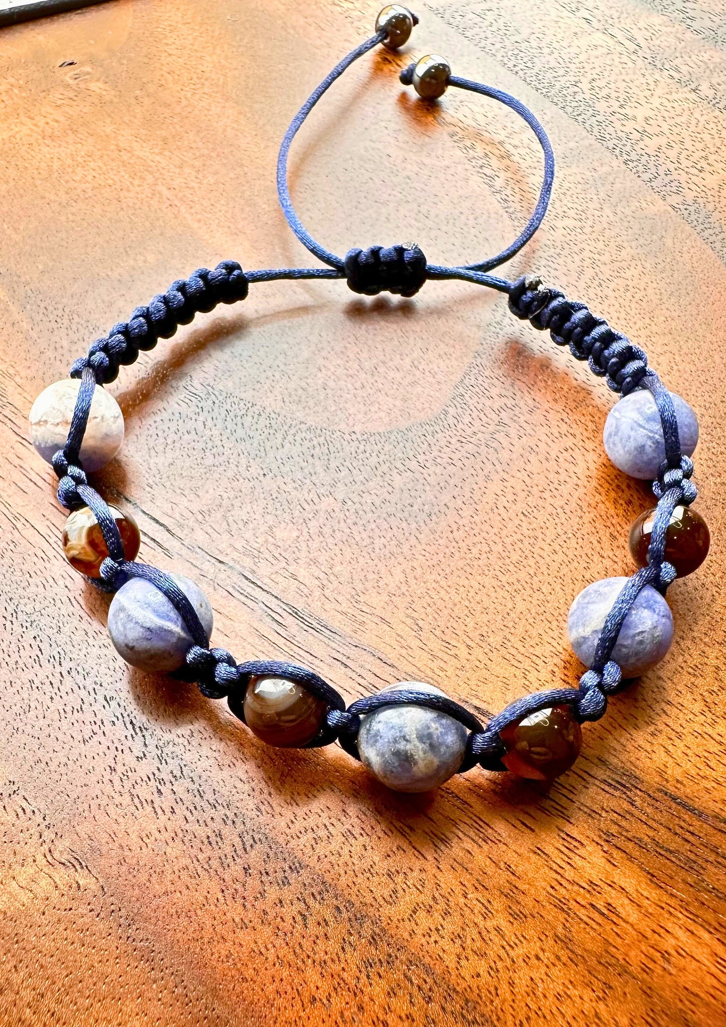 Lapis Lazuli (10mm) and Brown Agate (8mm) Bracelet Adjustable