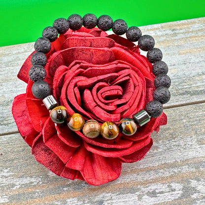 Bracelet Volcanic, Tiger Eye & Hematite, Beaded Natural Stones