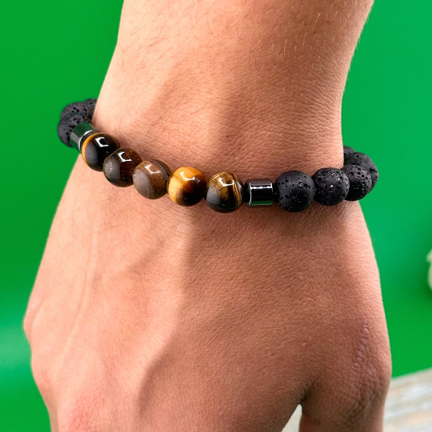 Bracelet Volcanic, Tiger Eye & Hematite, Beaded Natural Stones