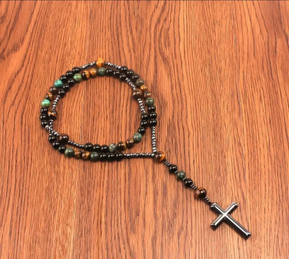 Handcrafted Rosary Tiger Eye, Turquoise, Black Onix, Lava, Lapis Lazuli & Hematite Cross Pendant