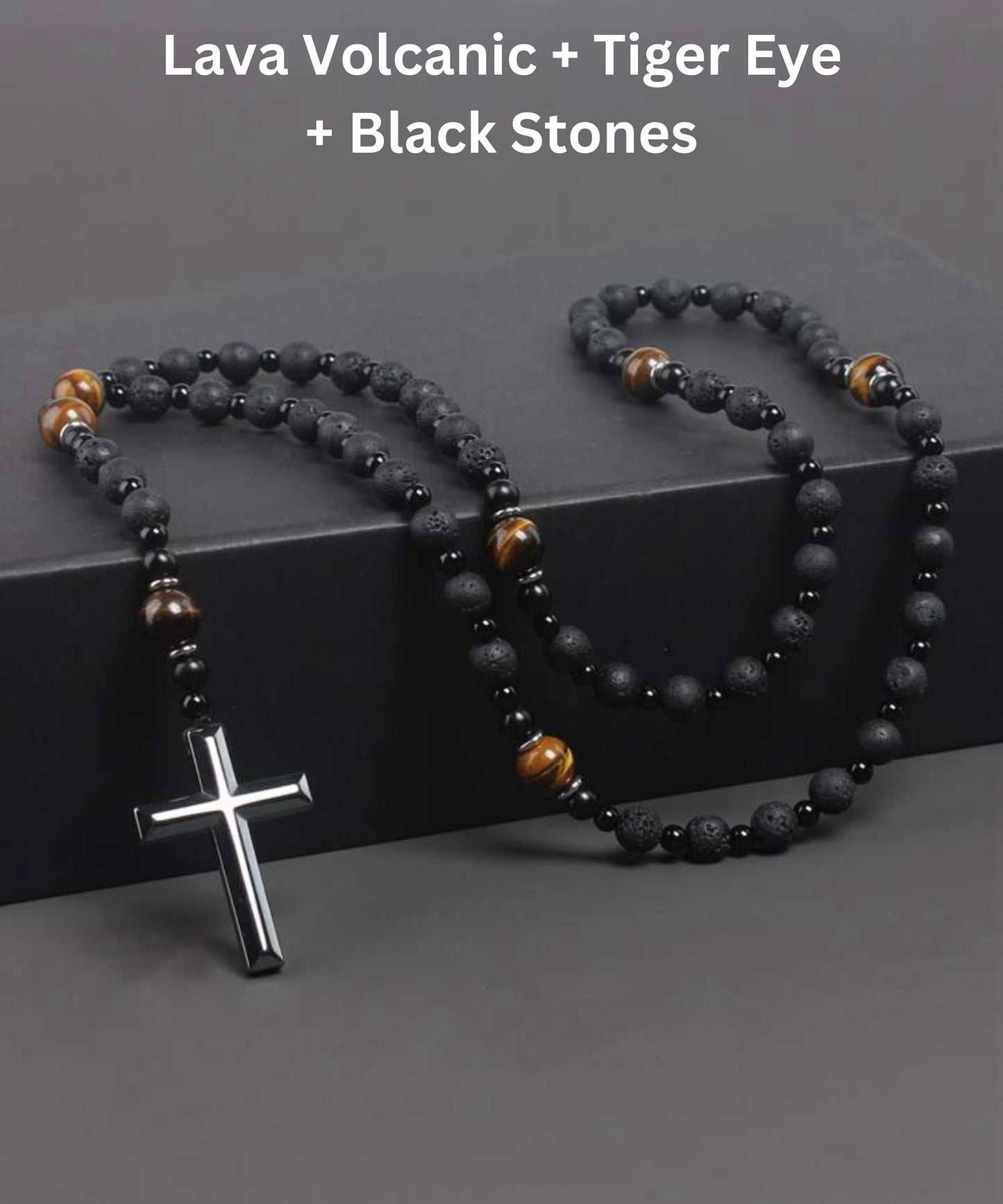 Handcrafted Rosary Tiger Eye, Turquoise, Black Onix, Lava, Lapis Lazuli & Hematite Cross Pendant