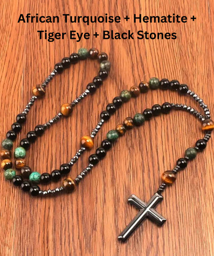 Handcrafted Rosary Tiger Eye, Turquoise, Black Onix, Lava, Lapis Lazuli & Hematite Cross Pendant