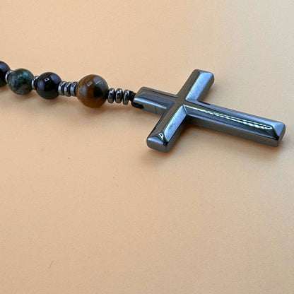 Handcrafted Rosary Tiger Eye, Turquoise, Black Onix, Lava, Lapis Lazuli & Hematite Cross Pendant