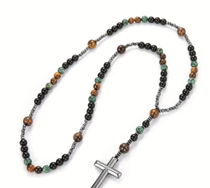 Handcrafted Rosary Tiger Eye, Turquoise, Black Onix, Lava, Lapis Lazuli & Hematite Cross Pendant