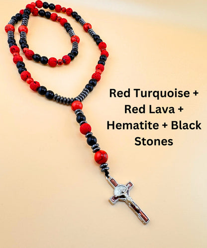 Handcrafted Rosary Tiger Eye, Turquoise, Black Onix, Lava, Lapis Lazuli & Hematite Cross Pendant